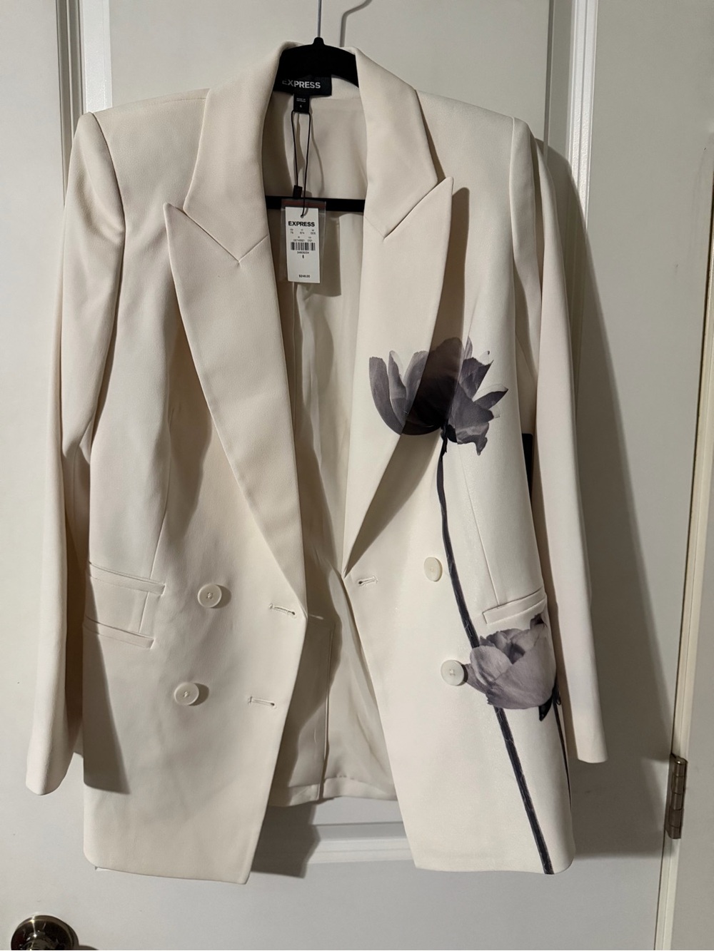 Express Cream Double-Breasted Blazer with Gray Floral Accent
